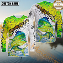 Maxcorners Golden Mahimahi Fishing Full Print Fishing Net Pattern Personalized Name, Team Name 3D Long Sleeve Shirt