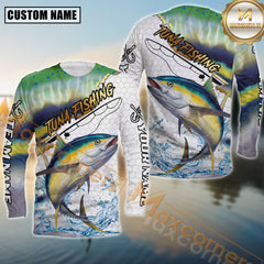 Maxcorners Golden Tuna Fishing Full Print Fishing Net Pattern Personalized Name, Team Name 3D Long Sleeve Shirt