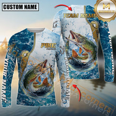 Maxcorners Pike Fishing Jersey Golden Hook Graphic Personalized Name, Team Name 3D Long Sleeve Shirt
