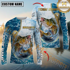 Maxcorners Walleye Fishing Jersey Golden Hook Graphic Personalized Name, Team Name 3D Long Sleeve Shirt