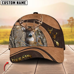 Maxcorners Golden Deer Hunting Realistic Buck Head Leather Pattern Personalized Name 3D Cap (6 Options)
