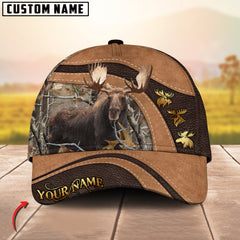 Maxcorners Golden Deer Hunting Realistic Buck Head Leather Pattern Personalized Name 3D Cap (6 Options)