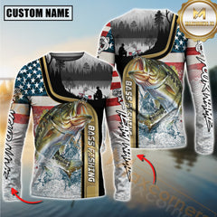 Maxcorners Freshwater Fishing Giant Fish Water Splash American Flag Landscape Personalized Name, Team Name 3D Long Sleeve Shirt