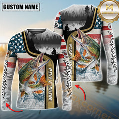 Maxcorners Freshwater Fishing Giant Fish Water Splash American Flag Landscape Personalized Name, Team Name 3D Long Sleeve Shirt