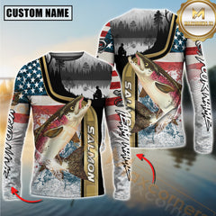 Maxcorners Saltwater Fishing Giant Fish Water Splash American Flag Landscape Personalized Name, Team Name 3D Long Sleeve Shirt