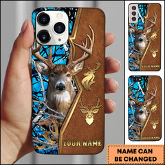 Maxcorners Deer Hunting Leather Gold Emblem Personalized Name Phone Case - Blue