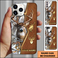 Maxcorners Deer Hunting Leather Gold Emblem Personalized Name Phone Case - White