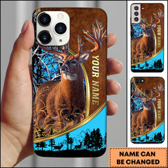Maxcorners Deer Hunting Luxury Leather Gold Frame Personalized Name Phone Case - Blue