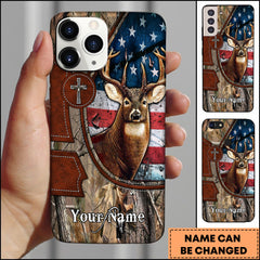 Maxcorners Deer Hunting American Flag Leather Cross Grass Brown Camo Personalized Name Phone Case
