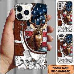 Maxcorners Deer Hunting American Flag Leather Cross White Camo Personalized Name Phone Case
