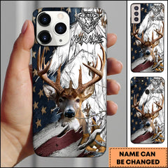 Maxcorners Deer Hunting Woodland American Flag Personalized Name Phone Case (4 colors)