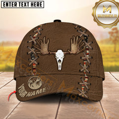 Maxcorners Custom Name Skull Antler Brown Leather Hunting Hat, Western Camo Stitch Personalized Cap