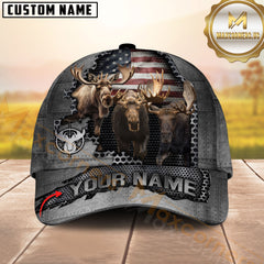 Maxcorners Deer Hunting Trio Buck American Flag Metal Tear Personalized Name 3D Cap (6 Options)