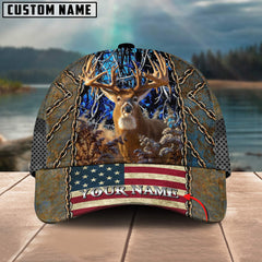 Maxcorners Deer Hunting Cap Rustic Chains Themed American Flag Design Multicolor Options Personalized Name 3D Cap