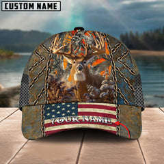 Maxcorners Deer Hunting Cap Rustic Chains Themed American Flag Design Multicolor Options Personalized Name 3D Cap