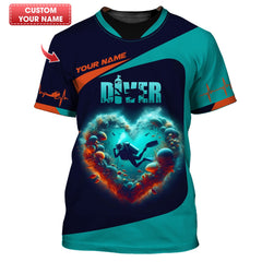 Maxcorners 3D Full Print Scuba Diving Heart Shirts Personalized Name Gift For Diver Lovers LM2111