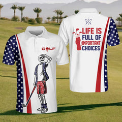 Maxcorners American Flag And Skull Golfer Men's Golf Polo Shirt, Funny Golf Shirt, Gift For Golfers