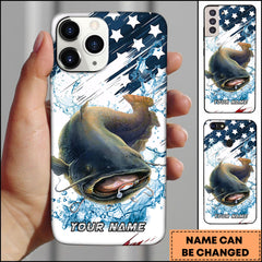 Maxcorners Catfish Fishing Jumping Catfish American Flag Splash Art Personalized Name Phone Case