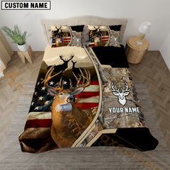 Maxcorners Deer Hunting American Flag Rustic Grass Brown Camo Bedding Set 3D All Over Printed