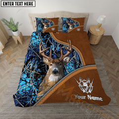 Maxcorners Deer Hunting Blue Camo Real Tree Leather Zipper Bedding Set 3D All Over Printed