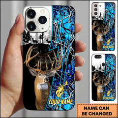 Maxcorners Hunting Phone Case Whitetail Deer Lightning Split Forest Camo Art Personalized Name Phone Case | Blue