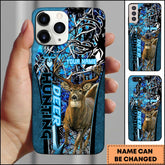 Maxcorners Hunting Phone Case Running Whitetail Deer Vertical Typography Leather Camo Design Personalized Name Phone Case | Blue