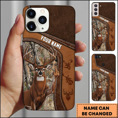 Maxcorners Hunting Phone Case Funny Whitetail Deer Middle Finger Leather Stitch Camo Art Personalized Name Phone Case | Grass Brown