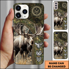 Maxcorners Hunting Phone Case Moose Woodland Camouflage US Army Emblem Rustic Wildlife Personalized Name Phone Case