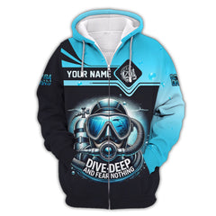 Maxcorners Scuba Diving Custom Name 3D Shirt Dive Deep And Fear Nothing Personalized Gift For Diver Lovers LM2111