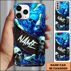 Maxcorners Bowling Phonecase Skull Bowling Ball Pins Blue Splash Dark Art Personalized Name 3D Phone Case