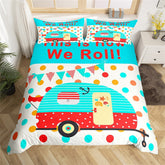 Maxcorners Colorful Camper Duvet Cover, Cute Cartoon RV Camping Trailer Bedding Set