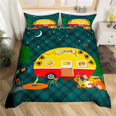 Maxcorners Camping Trailer Handmade Duvet Cover, Cartoon RV Camp Tent Botanical Pumpkin Quilt Cover, Geometric Retro Plaids Bedding Set
