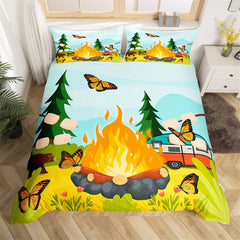 Maxcorners Campfire Duvet Cover for RV Decor, Cartoon Trailer Camping Theme Bedding Set