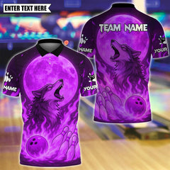 Maxcorners Custom Bowling Polo Shirt, Flame Moon Wolf Bowling Design, Personalized Bowling Polo for Men Women,Personalized Name Team 3D Shirt Purple TU1809