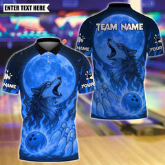 Maxcorners Custom Bowling Polo Shirt, Flame Moon Wolf Bowling Design, Personalized Bowling Polo for Men Women,Personalized Name Team 3D Shirt Blue TU1809