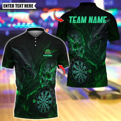 Maxcorners Personalized Name Dart Polo Shirt, Dark Vibes Mystery Skull With Dartboard Design ,Custom Team Shirt for Men, Gift for Darts Players Green TU1809