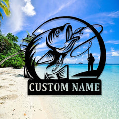 Maxcorners Custom Fishing Metal Sign, ,Fisherman Catching Fish Wall Art