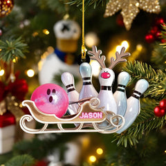 Maxcorners Pink Personalized Bowling Ornament with Custom Name, Funny Bowling Christmas Gift for Players, Unique Bowling Ball and Pin Tree Decoration MT1611
