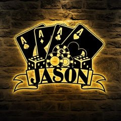 Maxcorners Personalized Poker Metal Wall Art LED, Gift For Poker Lover, Poker Game Room DecorLM1009