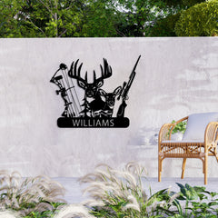 Maxcorners Personalized Deer Hunter Metal Wall Art, Custom Name Bow and Hunting Rifle Sign, Deer Hunting Wall Hanging, Hunter Gift LM0110