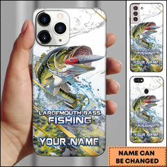 Maxcorners Bass Fishing Phone Case Realistic Jumping Fish Water Burst Premium Art Personalized Name Phone Case