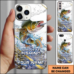 Maxcorners Walleye Fishing Phone Case Realistic Jumping Fish Water Burst Premium Art Personalized Name Phone Case