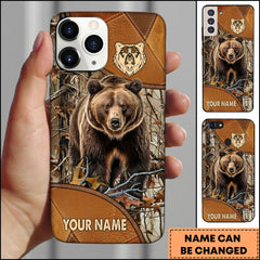 Maxcorners Hunting Phonecase Brown Bear Leather Camo Forest Wildlife Design Personalized Name 3D Phone Case
