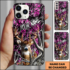 Maxcorners Hunting Phone Case Realistic Whitetail Deer In Deep Forest Camo Background Personalized Name Phone Case | Pink