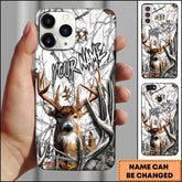 Maxcorners Hunting Phone Case Realistic Whitetail Deer In Deep Forest Camo Background Personalized Name Phone Case | White
