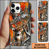 Maxcorners Hunting Phone Case Realistic Whitetail Deer In Deep Forest Camo Background Personalized Name Phone Case | Orange