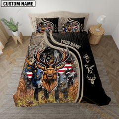 Maxcorners Deer Hunting American Flag Grass Brown Line Bedding Set 3D All Over Printed