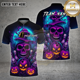 Maxcorners Halloween Skull Bowling Shirt Neon Pumpkin Ghost Pins Personalized Name, Team Name 3D Shirt (4 Colors)