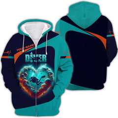 Maxcorners 3D Full Print Scuba Diving Heart Shirts Personalized Name Gift For Diver Lovers LM2111
