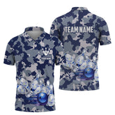 MaxCorners Bowling And Pins Navy Camo Pattern Customized Name, Team Name 3D Polo Shirt For Men